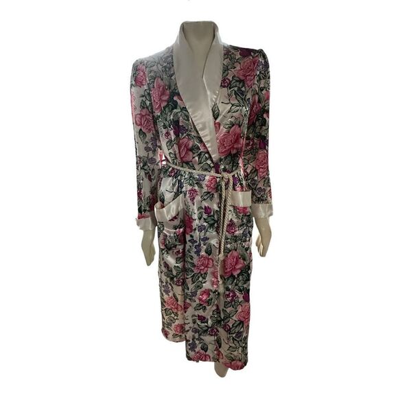 Vandemere Women's Floral Self Tie Waist Long Robe Pearl White Pink Medium - Picture 1 of 6